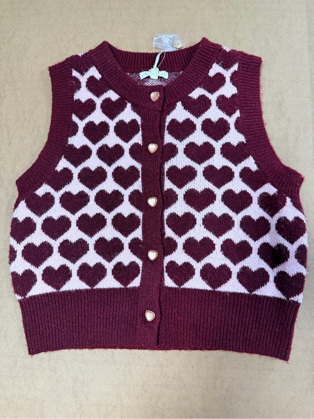 Chunky Heart-Print Knit Vest - Burgundy and Pink women’s size large